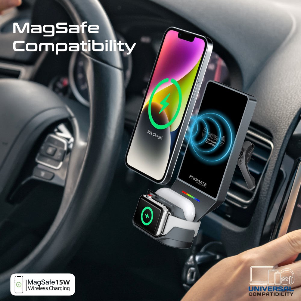 MagDrive-Trio 3-in-1 MagSafe Compatible Car Wireless Charging Station • 15W MagSafe Compatible Charger • 4.5W AirPods Charer • 3.5W Apple Watch Charger • Dashboard & AC Vent Mount
