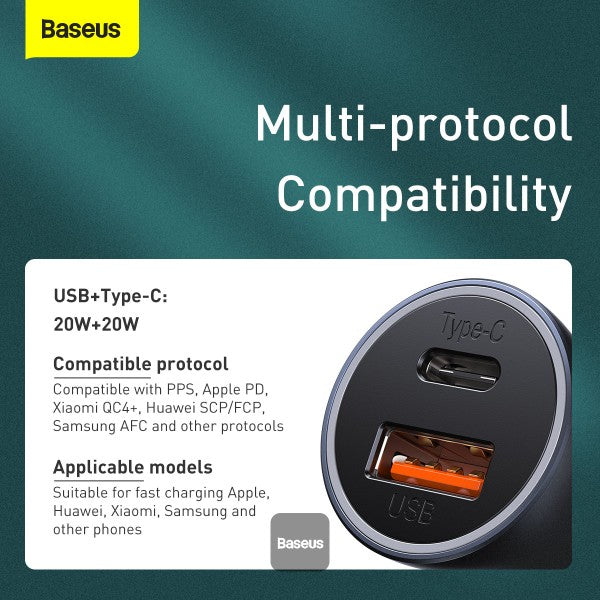 Baseus Golden Contactor Pro Dual Quick Charger Car Charger USB and Type C 40W - Dark Gray