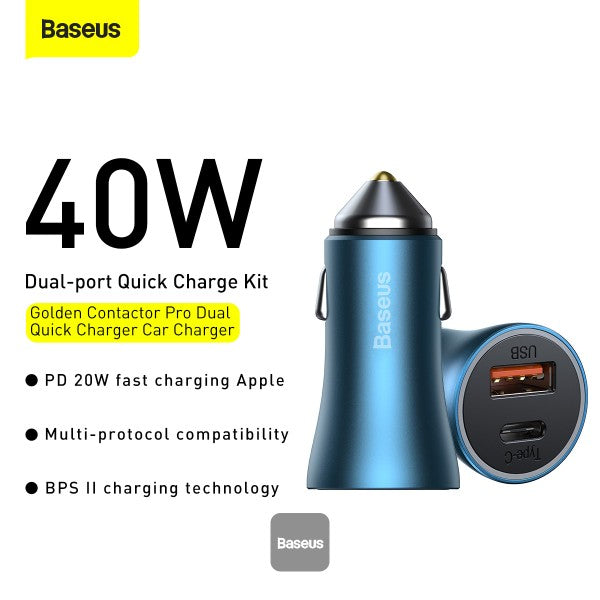 Baseus Golden Contactor Pro Dual Quick Charger Car Charger USB and Type C 40W - Blue