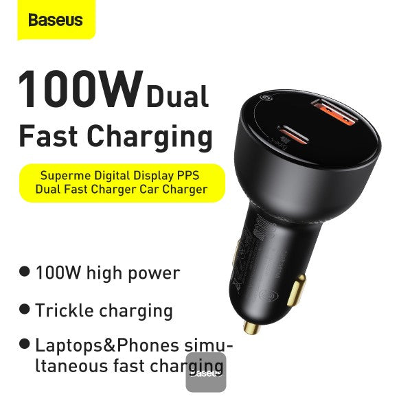 Baseus 100W Car Charger Dual Port USB-A & Type C Quick Charger Digital PPS QC PD 30 Laptop Phone Charger For iPhone Xiaomi - Black