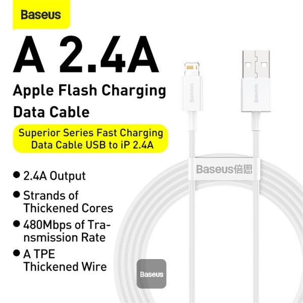 Baseus Superior Series USB to Lightning-Fast Charging Cable Data Transfer 24A for iPhone 13 12 11 Pro Max Mini XS X 8 7 6 5 SE iPad and More 1M - Blue