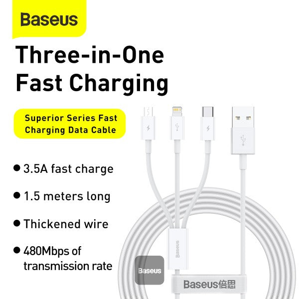Baseus Superior Series Fast Charging Data Cable USB to M+L+C 35A 15M - White