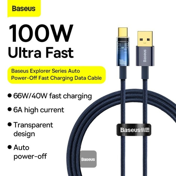 Baseus Explorer Series Auto Power Off USB-A to Type-C Cable - 100W 6A Fast Charging Cable and 480Mbps Data Transfer 1M - Blue