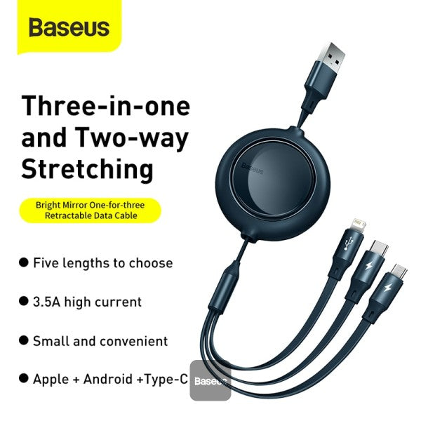 Baseus Bright Mirror One-for-three Retractable Data Cable USB to M+L+C 35A 12m Black