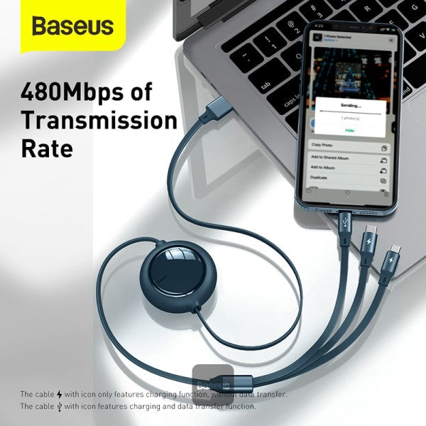 Baseus Bright Mirror One-for-three Retractable Data Cable USB to M+L+C 35A 12m Black
