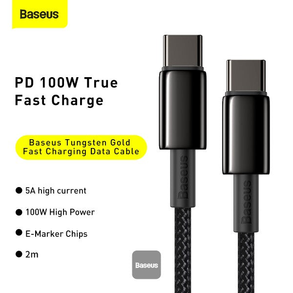 Baseus Tungsten Gold Fast Charging Data Cable Type-C to Type-C 100W 2M - Black
