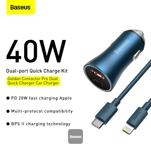 Baseus Golden Contactor Pro Dual Quick Charger Car Charger USB-A + Type-C 40W (With Baseus Simple Wisdom Data Cable Type-C to Lightning 1M) - Blue
