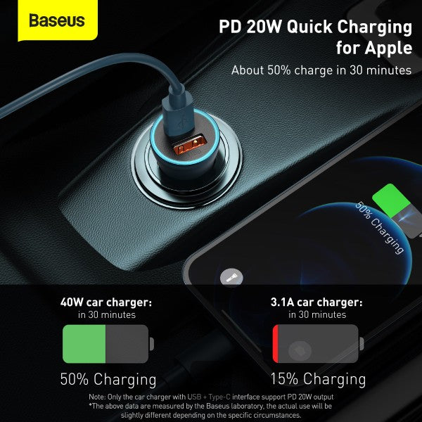 Baseus Golden Contactor Pro Dual Quick Charger Car Charger USB-A + Type-C 40W (With Baseus Simple Wisdom Data Cable Type-C to Lightning 1M) - Blue