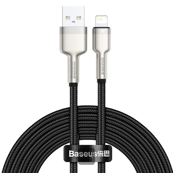 Baseus Cafule Series Metal USB to Lightning Cable - 24A Fast Charging 480Mbps Data Transfer Durable Nylon Braid 2M - Black