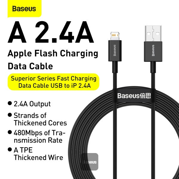 Baseus Superior Series Fast Charging Data Cable USB to iP 24A (2m) Black