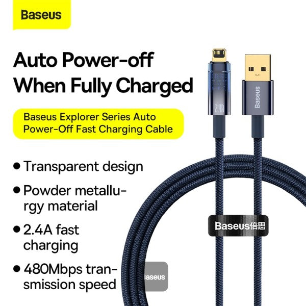Baseus Explorer Series Auto Power-Off USB-A to Lightning Cable - 24A Fast Charging Cable and 480Mbps Data Transfer 1M - Blue