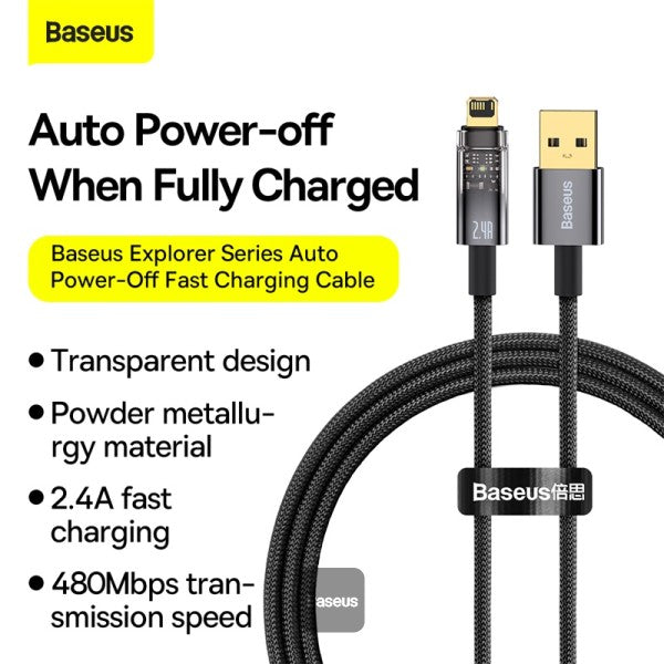 Baseus Explorer Series Auto Power-Off USB-A to Lightning Cable - 24A Fast Charging Cable and 480Mbps Data Transfer 1M - Black
