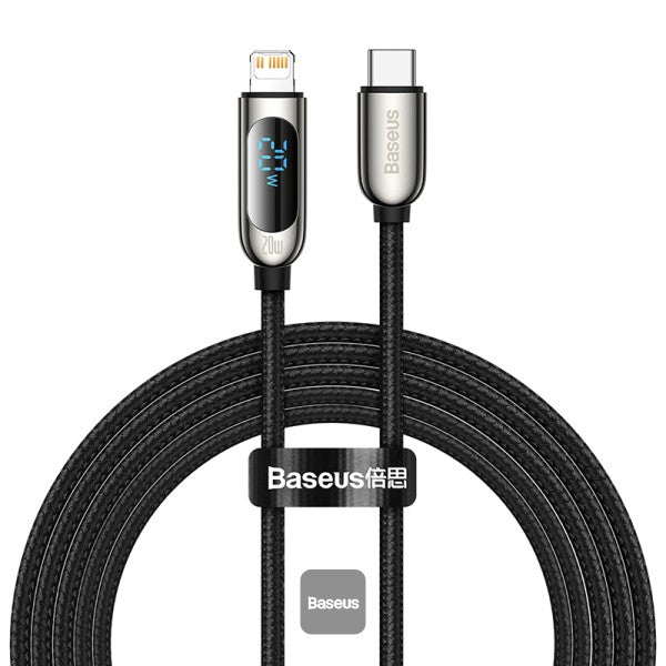 Baseus PD 20W USB-C to Lightning Cable with LED Display Nylon Braided | High-Speed Charging & Data Transfer 2M - Black