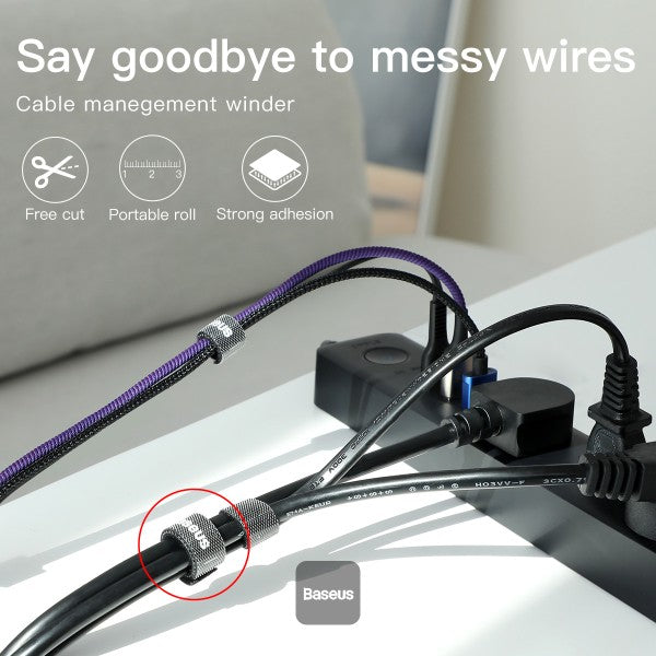 Baseus 3M Velcro Adhesive Tape - Extra Strong Double-Sided Hook & Loop Fastener Reusable Cable Management Straps for Home Office Indoor Outdoor Use - Black