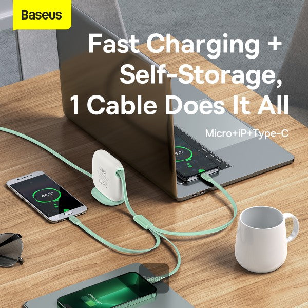 Baseus Traction Series Retractable 3-in-1 Fast Charging Cable (Fast charging easy to store 360° rotation Easy to stick on) - White
