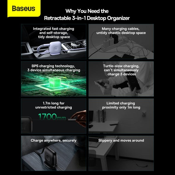 Baseus Traction Series Retractable 3-in-1 Fast Charging Cable (Fast charging easy to store 360° rotation Easy to stick on) - White
