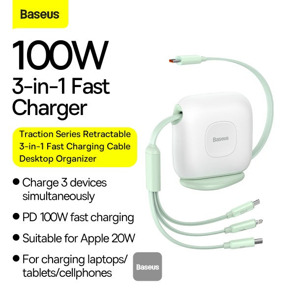 Baseus Traction Series Retractable 3-in-1 Fast Charging Cable (Fast charging easy to store 360° rotation Easy to stick on) - White