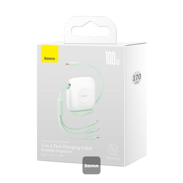 Baseus Traction Series Retractable 3-in-1 Fast Charging Cable (Fast charging easy to store 360° rotation Easy to stick on) - White