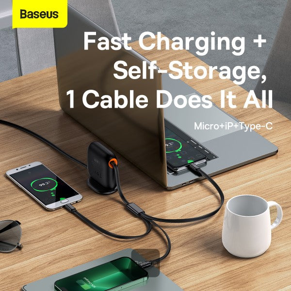 Baseus Traction Series Retractable 3-in-1 Fast Charging Cable 100W (Fast charging easy to store 360° rotation Easy to stick on) - Black