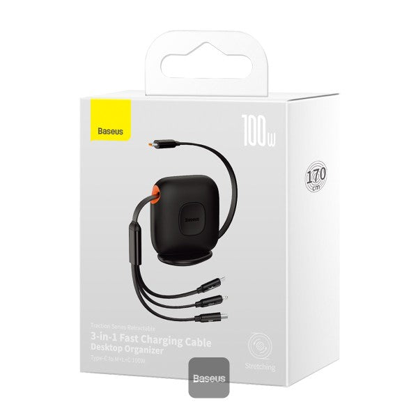Baseus Traction Series Retractable 3-in-1 Fast Charging Cable 100W (Fast charging easy to store 360° rotation Easy to stick on) - Black