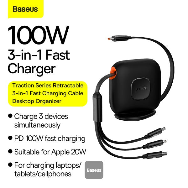 Baseus Traction Series Retractable 3-in-1 Fast Charging Cable 100W (Fast charging easy to store 360° rotation Easy to stick on) - Black