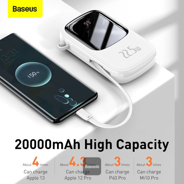 Baseus Qpow Digital Display quick charging power bank 20000mAh 225W With Type-C Cable White