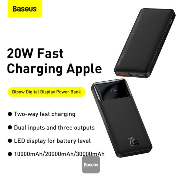 Baseus Bipow Digital Display Power bank 10000mAh 20W 2x USB USB Type C micro USB 20W Quick Charge AFC FCP black