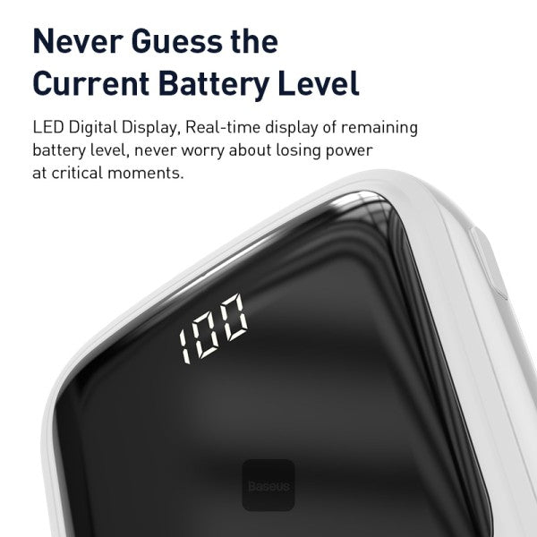 Baseus Qpow Digital Display 3A 15w 10000mAh Power Bank with Type-C Cable - White