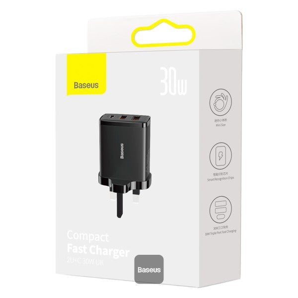 BASEUS Compact Quick Charger 2U+C Three Ports 30W Travel Power Adapter UK Plug