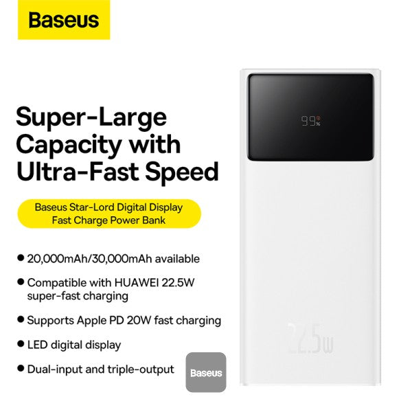 Baseus Star-Lord Digital Display Fast Charge Power Bank 20000mAh (225W) White