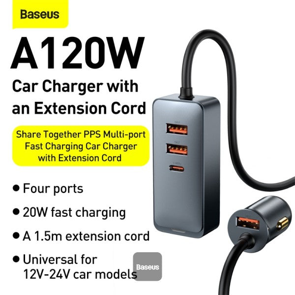 Baseus Share Together 3x USB USB Type C car charger 120W PPS Quick Charge Power Delivery gray
