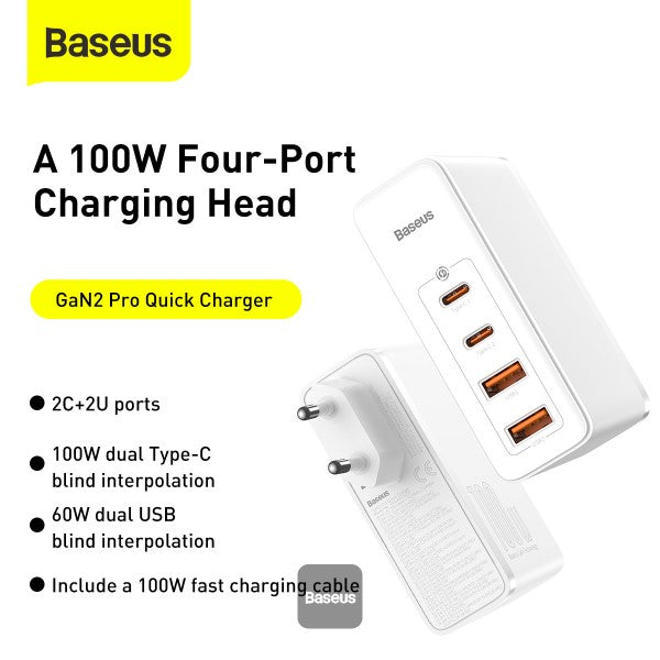 Baseus GaN2 Pro 100W 2 x USB + 2 x Type-C Ports Quick Charger with Type-C Cable EU Plug - white