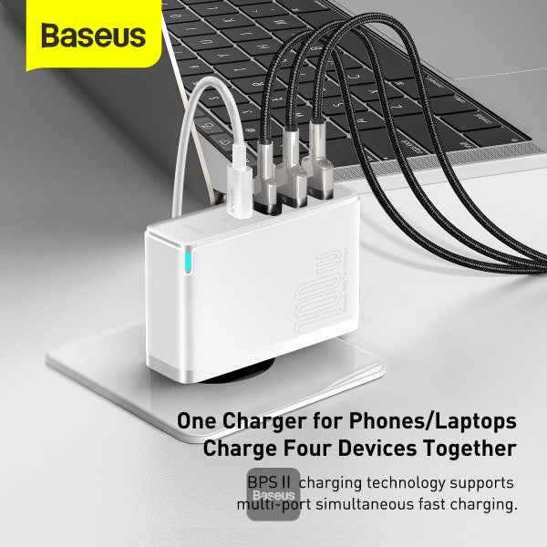 Baseus GaN2 Pro 100W 2 x USB + 2 x Type-C Ports Quick Charger with Type-C Cable EU Plug - white