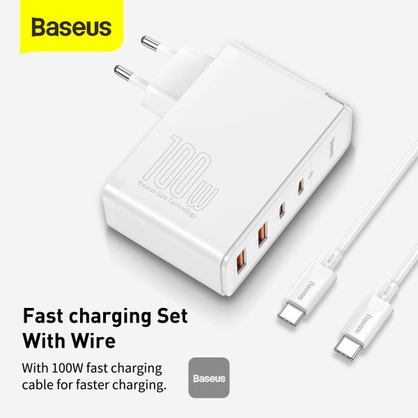 Baseus GaN2 Pro 100W 2 x USB + 2 x Type-C Ports Quick Charger with Type-C Cable EU Plug - white