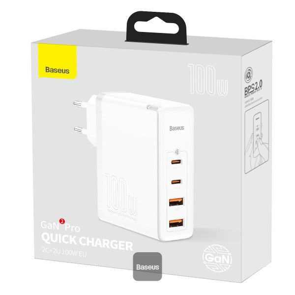 Baseus GaN2 Pro 100W 2 x USB + 2 x Type-C Ports Quick Charger with Type-C Cable EU Plug - white