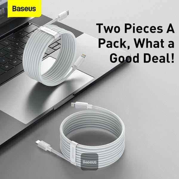 Baseus Type C Cable For iPhone 13 12 Pro Max 20W PD Fast Charge Type C to Lightning Cable For iPhone 8 Xr Charger Data Cable 15M White Pack of 2