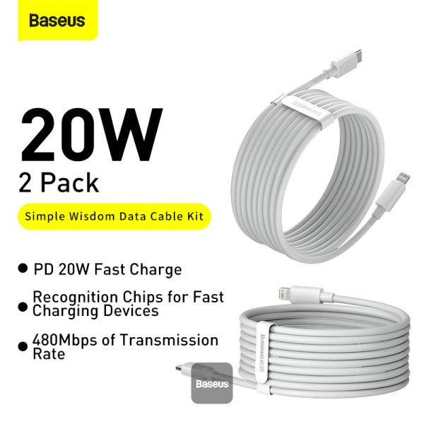 Baseus Type C Cable For iPhone 13 12 Pro Max 20W PD Fast Charge Type C to Lightning Cable For iPhone 8 Xr Charger Data Cable 15M White Pack of 2