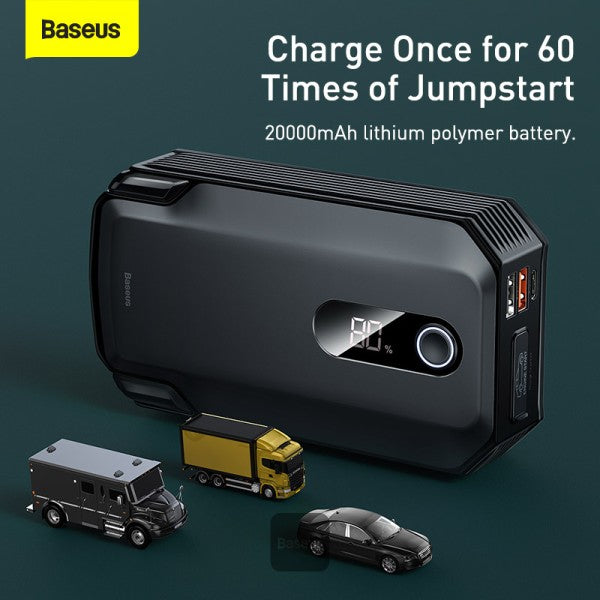 Baseus Super Energy Max Car Jump Starter 80L Gas 40L Diesel Engine 12V Portable Power Pack Automotive Battery Booster Charger with USB Port Smart Jumper Cables LED Flashlight