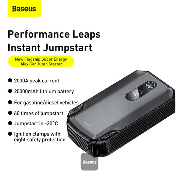 Baseus Super Energy Max Car Jump Starter 80L Gas 40L Diesel Engine 12V Portable Power Pack Automotive Battery Booster Charger with USB Port Smart Jumper Cables LED Flashlight