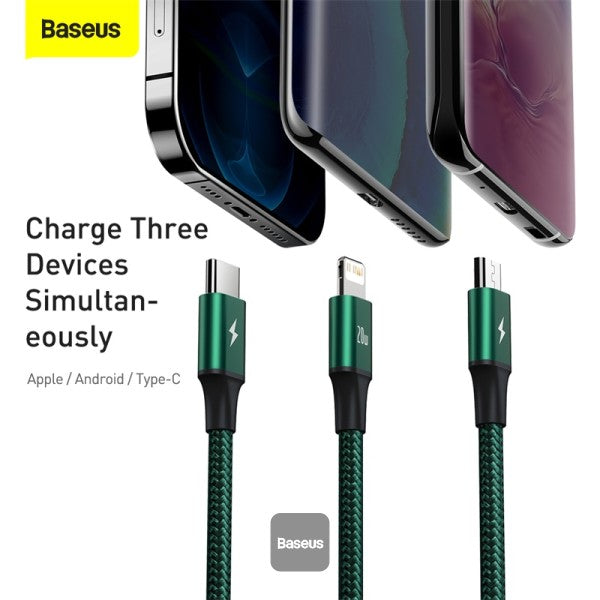 Baseus Rapid Series 3-In-1 Fast Charging Data Cable Type-C To M+L+C Pd 20w 15M - Green