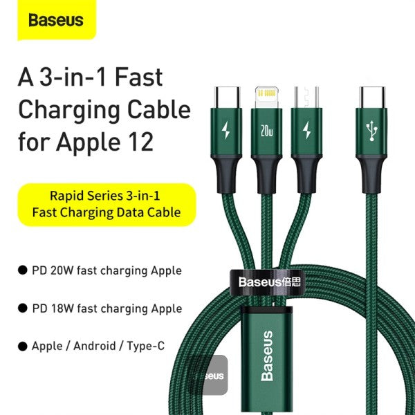 Baseus Rapid Series 3-In-1 Fast Charging Data Cable Type-C To M+L+C Pd 20w 15M - Green