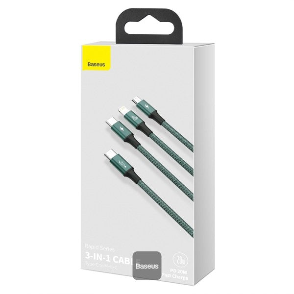 Baseus Rapid Series 3-In-1 Fast Charging Data Cable Type-C To M+L+C Pd 20w 15M - Green