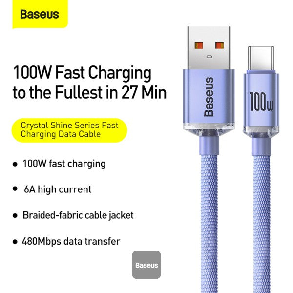 Baseus Crystal Shine Series Cable USB-A to Type-C Fast Charge Data Cable 100W 5A 12M - Purple
