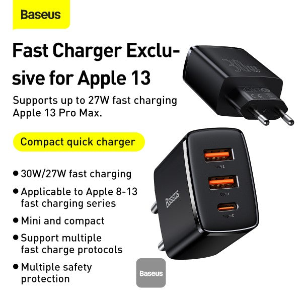 Baseus Compact quick charger USB Type C 2x USB 30W 3A Power Delivery Quick Charge black EU