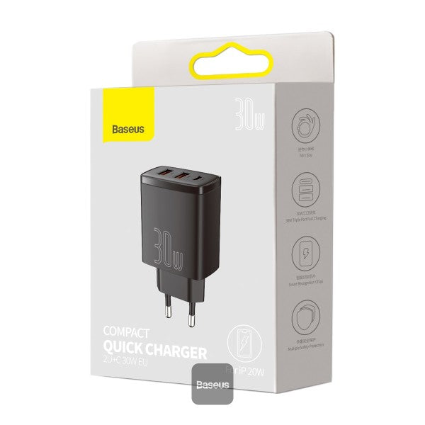 Baseus Compact quick charger USB Type C 2x USB 30W 3A Power Delivery Quick Charge black EU