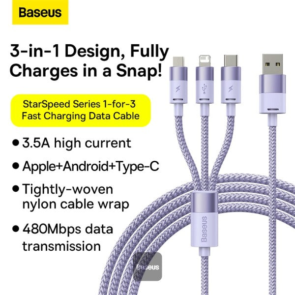 Baseus StarSpeed 1-for-3 Fast Charging Data Cable USB to M+L+C 35A 12M - Purple