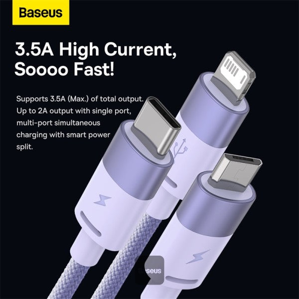 Baseus StarSpeed 1-for-3 Fast Charging Data Cable USB to M+L+C 35A 12M - Purple