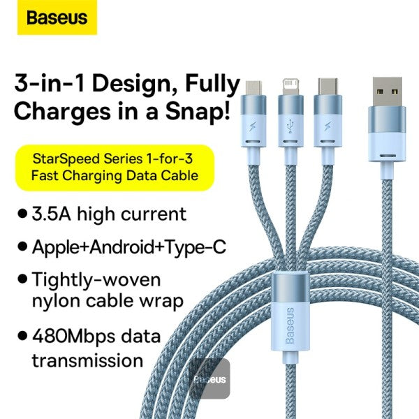 Baseus StarSpeed 1-for-3 Fast Charging Data Cable USB to M+L+C 35A 12M - Blue
