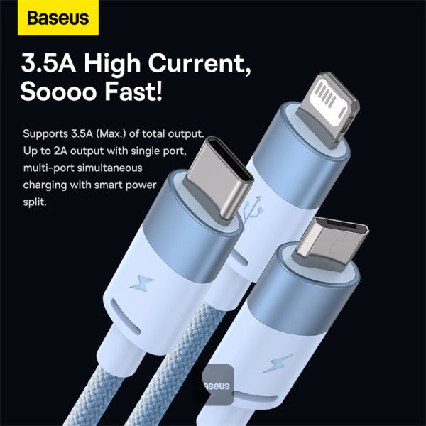 Baseus StarSpeed 1-for-3 Fast Charging Data Cable USB to M+L+C 35A 12M - Blue