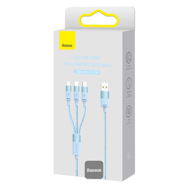 Baseus StarSpeed 1-for-3 Fast Charging Data Cable USB to M+L+C 35A 12M - Blue